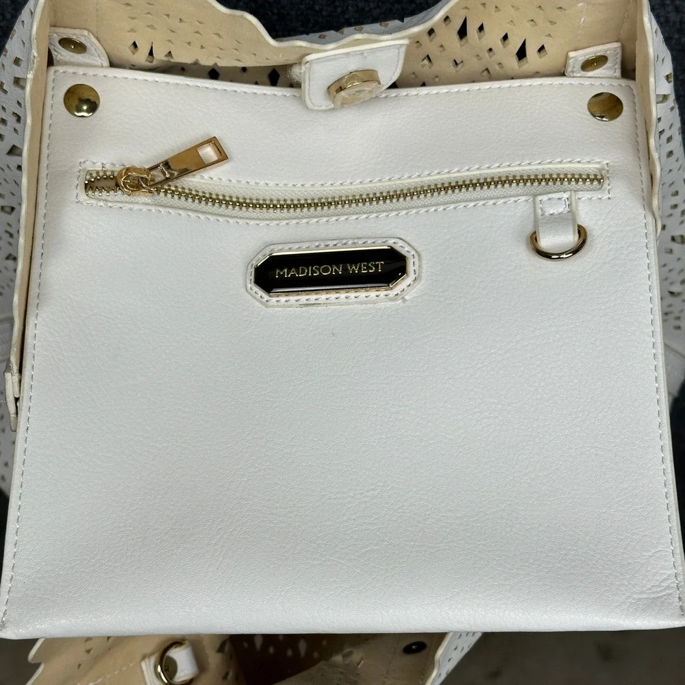 Madison West Laser Cut Perforated Scalloped White Vegan Leather‎ Tote Bag